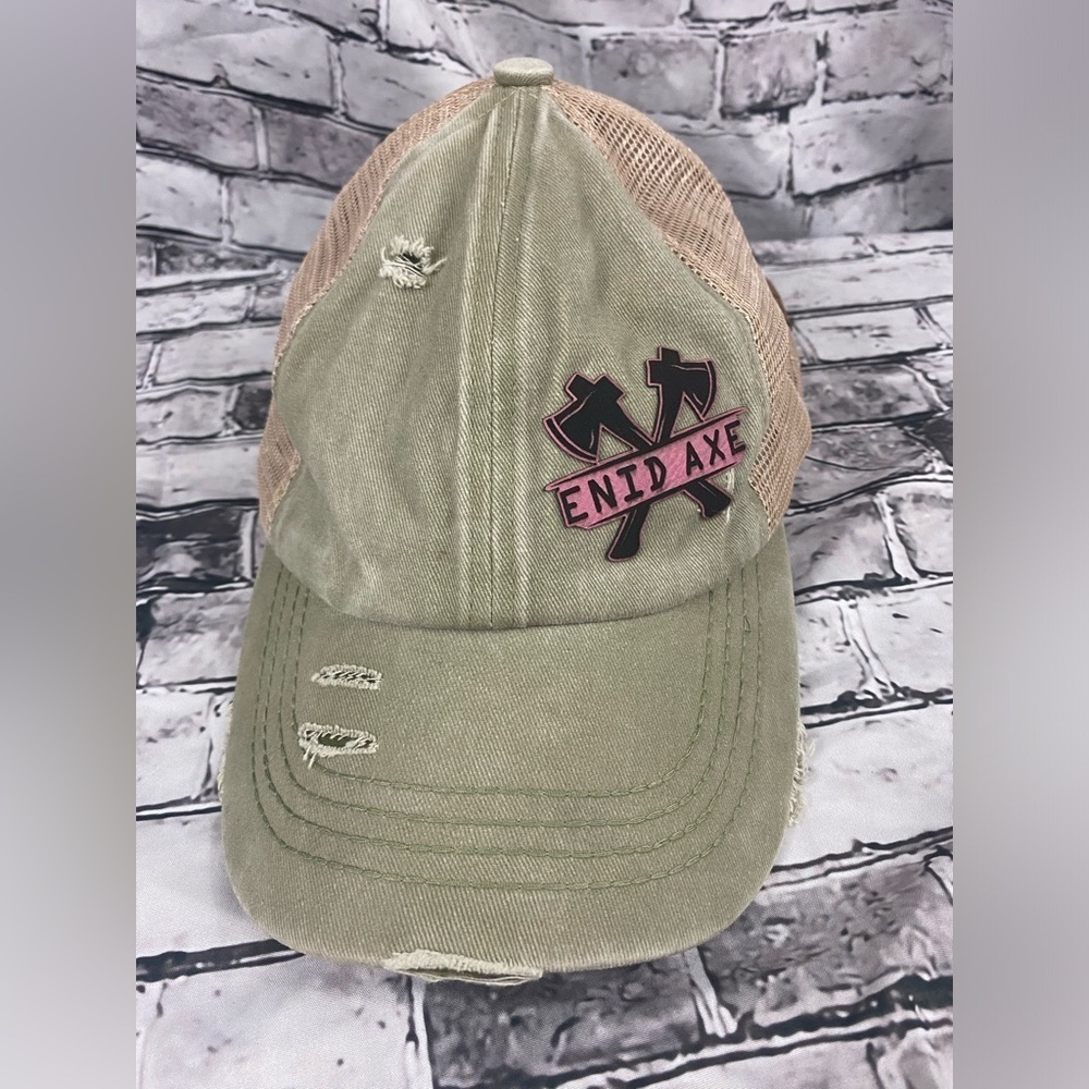 C.C. Crisscross Band Ponytail Hat ENID AXE Distressed Tan Cap